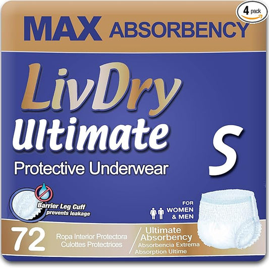 LivDry Small Ultimate Adult Incontinence Underwear, High Absorbency, Leak Cuff Protection, S, 72-Pack