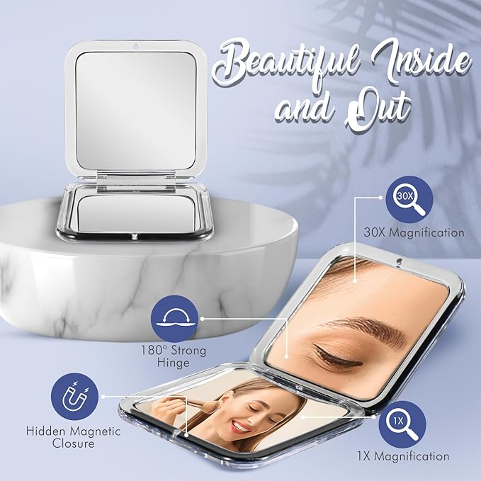 MIRRORVANA 30X Compact Magnifying Mirror for Travel, Handheld and Foldable Square Design - Lightweight Mini Pocket-Sized Magnified Mirror, Ideal for Purse or Handbag Use - 3.3" x 3.3" (Black)