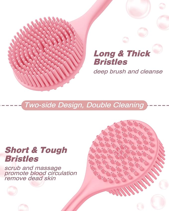 Manmihealth Silicone Back Scrubber for Shower(Thick Bristles), Body Scrubber with 15'' Long Handle, Light & Easy-to-Hold Shower Brush for Skin Exfoliating and Massaging, Not Good in Lathering.(Pink)