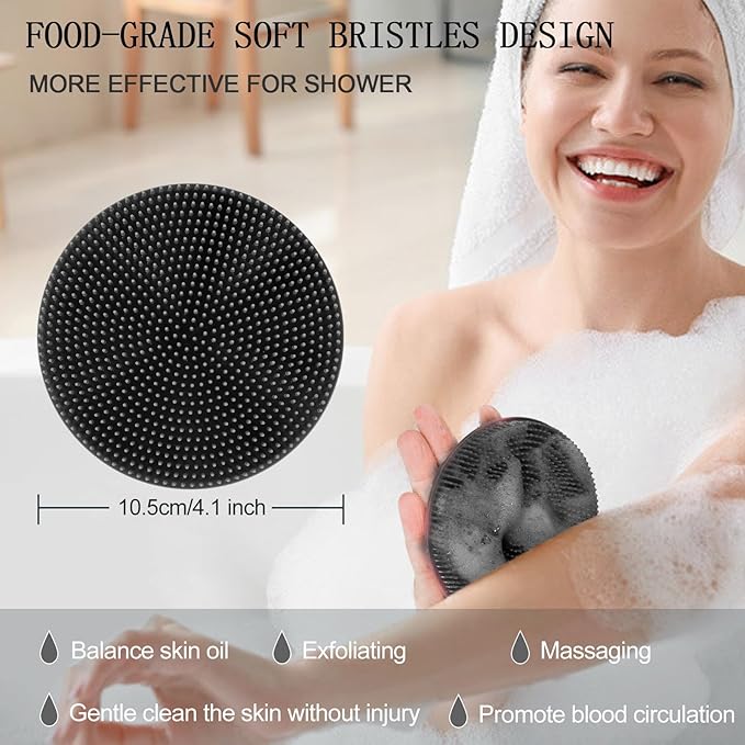 INNERNEED Food-Grade Soft Silicone Body Scrubber Shower Brush Handheld Cleansing Skin Brush, Gentle Exfoliating and Lather Well (Black+Gray)