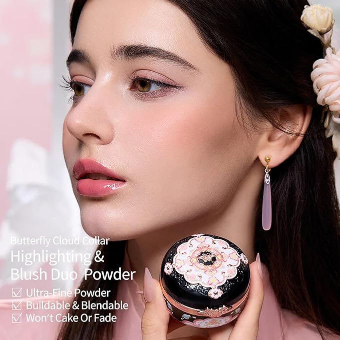 Flower Knows Butterfly Cloud Collar Rouge Box Highlighting & Blush Duo Powder,Blue+Pink Matte Finish Blush & Highlighter Palette,Buildable & Blendable Makeup Blush for cheeks(05 Pearwood)