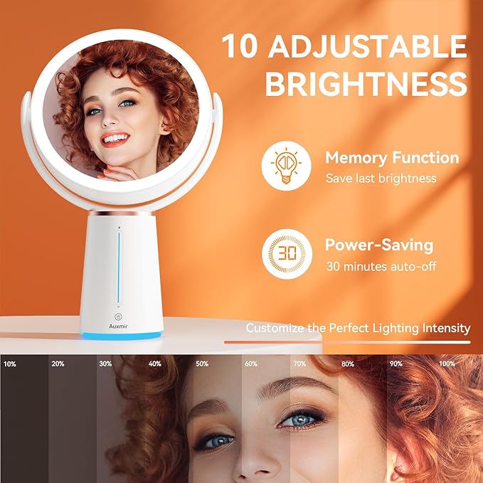 Lighted Makeup Mirror, 2500mAh Rechargeable Vanity Mirror with Lights, Double Sided 1X/10X Magnifying Mirror with 360° Rotation for Vanity Cosmetic, 10 Adjustable Brightness, Gift for Women