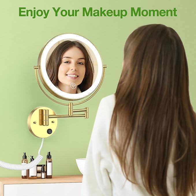 Anfauny 9 Inch Wall Mounted Lighted Makeup Mirror, Double Sided 1X/10X Magnifying LED Vanity Mirror with 3 Color Lights & Stepless Dimming, 360Β°Swivel Extendable Bathroom Cosmetic Mirror-Gold