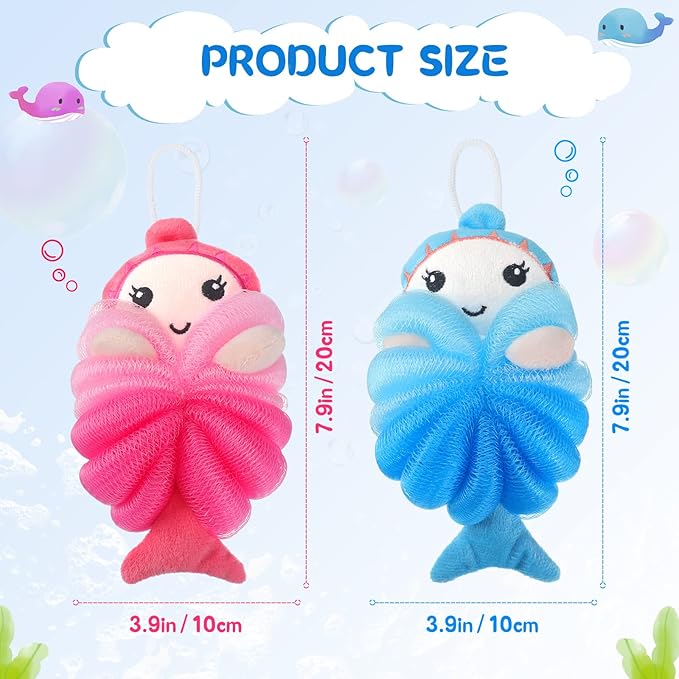 Nuenen 2 Pcs Bath Loofahs Kids Toddler Cute Cartoon Bath Sponges Loofah Pouf Body Scrubber Mesh Sponges for Children Shower Washing Exfoliating(Mermaid)