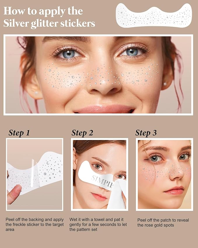 Glitter Freckles, Face Makeup Patches for Kids Women Girls, Silver Rave Glitter for Face, Singer Concerts Festival Holiday Rave Accessories - 8 Counts