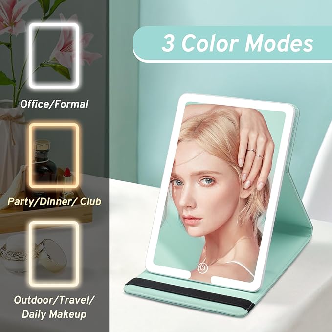 Travel Mirror with LED Lights - 8x5.5inch Lighted Makeup Mirror 3 Color Modes, Portable Vanity Mirror with Light of PU Leather, Desktop Cosmetic Light Up Mirror, Travel Accessories for Women