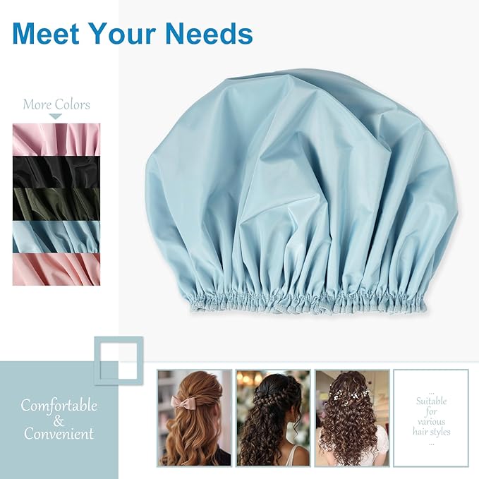 Shower Cap for Women Set of 4, 1 Double-Layer Waterproof Bath Cap + 3 Single-Layer Waterproof Shower Caps β Reusable Hair Protector, TPU Coated Elastic Bathing Cap for Women & Men - Blue
