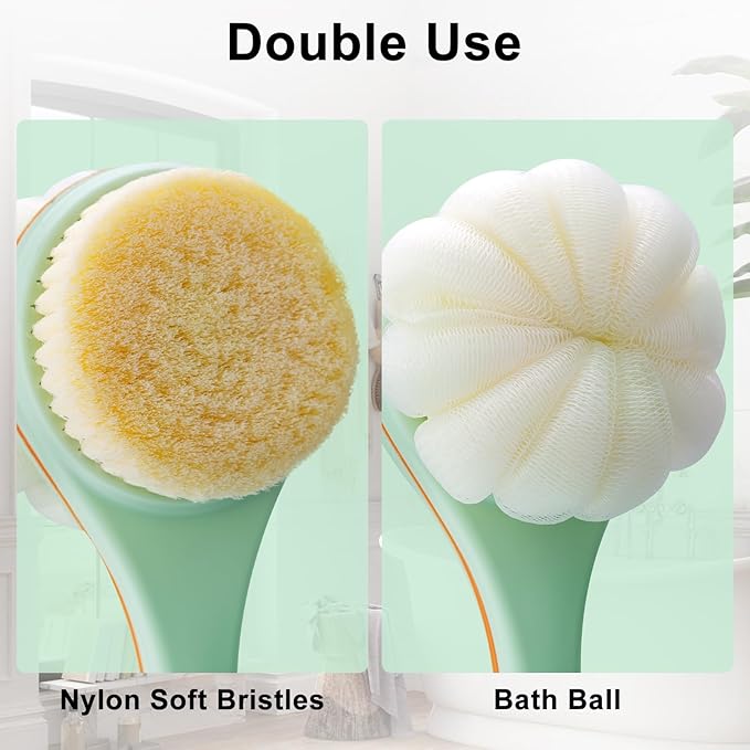 Hotodeal Shower Brush with Bristles and Bath Mesh Sponge,Handheld Cleansing Shower Body Brush,Back Scrubber with Long Handle for Skin Exfoliating Bath,Light Green Orange