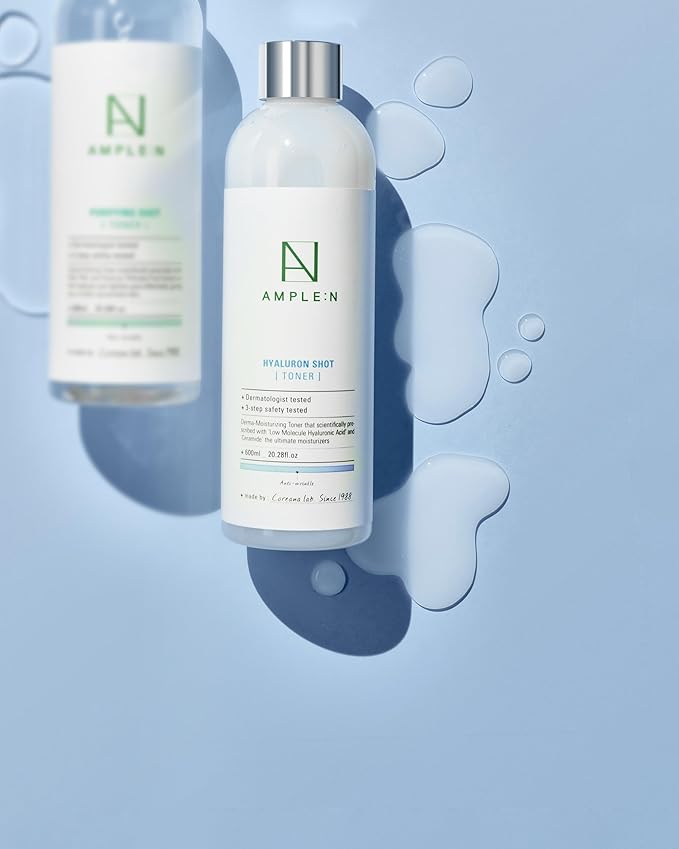 Ample:N Hyaluron Shot Toner β Korean Hyaluronic Acid and Ceramide Hydrating Face Toner - Moisturizing Essence for Minimizing Wrinkles β Dewy Healthy Glow Skin Booster for Dry Skin, 20.3 fl.oz.