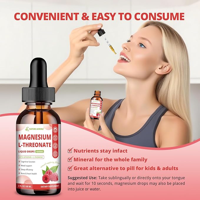 Magnesium L-Threonate Liquid Drops with Apigenin & L-Theanine, High Absorption Magnesium Threonate Supplement for Sleep, Brain Health and Cognitive Function, Raspberry Flavor, 60ML