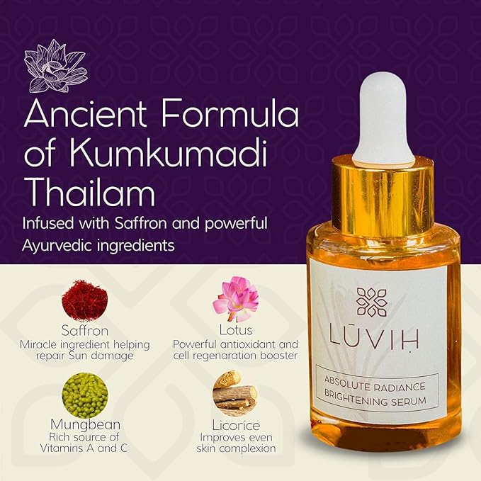 LUVIH Absolute Radiance Brightening Serum β Ayurvedic Dark Spot Corrector & Glow Serum for Women & Men β Nourishing Treatment for Dullness, Uneven Skin Tone & Sun-Stressed Skin β 30 mL