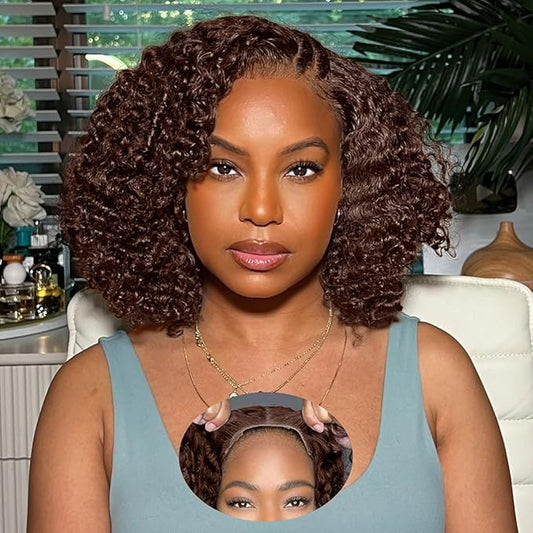 FABA Chocolate Brown Curly Wig Human Hair 7x5 Glueless Wigs Human Hair Pre Plucked Pre Cut 200% Density Brown Deep Wave Wig For Women #4 Short Curly Bob Wigs 12 Inch