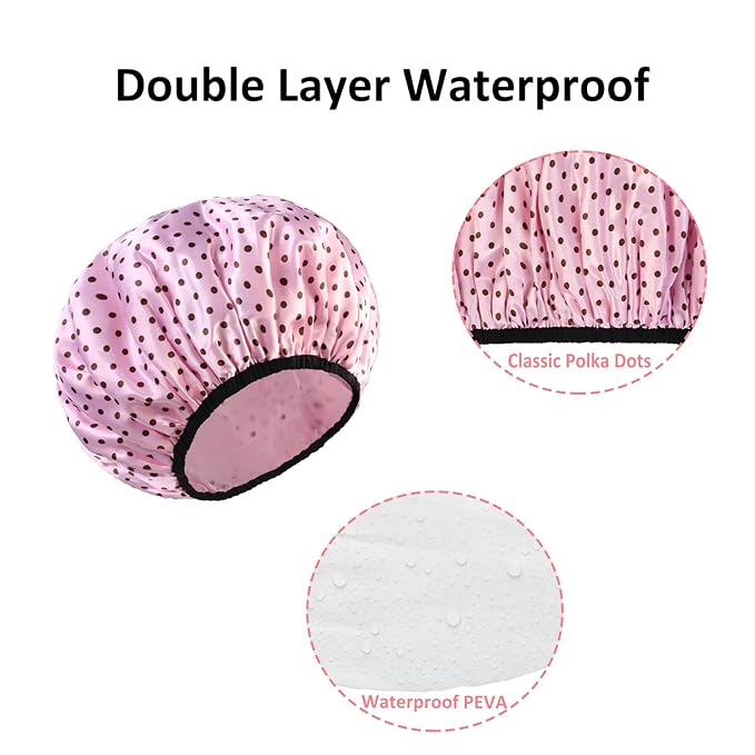2-Pack Reusable Waterproof Shower Caps for Women, Double-Layer Elastic Bath hat,Extra Large Hair Cap for Long Curly HairοΌBlack, PinkοΌ