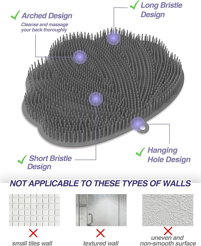 Manmihealth Upgrade Shower Foot Massager Scrubber & Bath Glove Set(2 PCS), Hands-Free Back Scrubber for Shower, Wall-Mounted Shower Brush with Body & Face Scrubber and Free Adhesive Hook. (Gray)