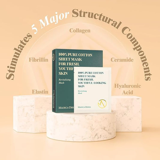 Madeca DERMA Revitalizing Sheet Mask 20pcs (100% Pure Cotton Sheets) with Centella Asiatica, Hyaluronic Acid, and Niacinamide β Korean Skincare for Hydration & Skin Brightening for All Skin Types