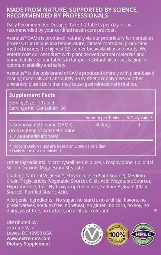 Azendus SAM-e Mood Support 400mg, 30 Count, Same Butanedisulfonate Fiber Enteric Coated Tablets