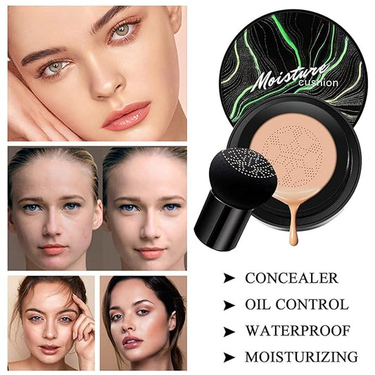 Mushroom Head Air Cushion CC Cream Nature Foundation,Moisturizing BB Cream Makeup Long Lasting Matte Concealer, Bright Makeup Base Long Lasting with Mushroom Makeup Sponge(#05 Sand)
