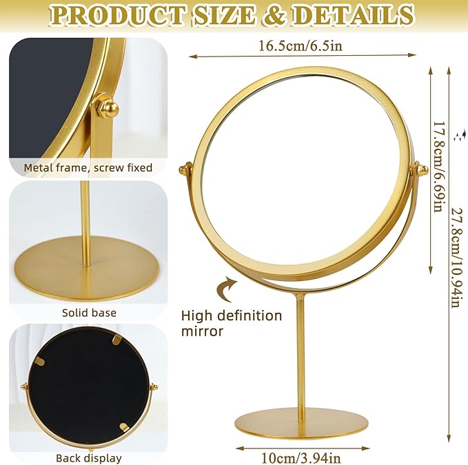 Gold Vanity Desk Table Round Makeup Mirror, 360 Degree Adjustable Rotation Metal Framed Standing Mirrors, Home Decoration for Living Room, Bedroom, Tabletop, Bathroom, 6.3 Inches