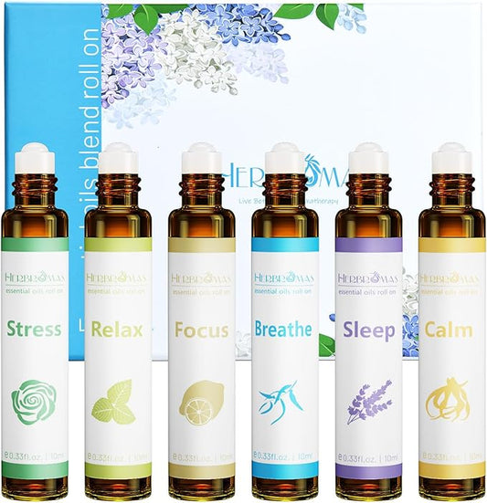 Aromatherapy Essential Oils Roll On Set, Natural Pre-diluted Blend Oils for Skin Use, Relaxation Gift for Women & Men, Pack 6 x10ml
