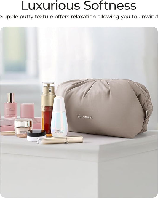 BAGSMART Makeup Bag Travel Makeup Bag, Cute Make Up Bag, Large Capacity Cosmetic Bags for Women, Wide-open Makeup Pouch Travel Essentials Toiletries Accessories Brushes (Camel)