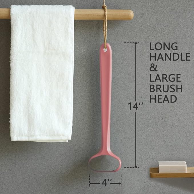 Upgraded Bath Body Brush with Comfy Bristles Long Handle Gentle Exfoliation Improve Skin's Health and Beauty Bath Shower Wet or Dry Brushing Body Brush (14 inch, Light Coral)