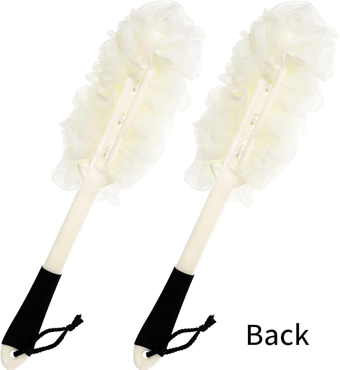 2Pack Back Scrubber for Shower, Loofah with Handle, Back Loofah Non-Slip Handle, Bath Body Brush, Scrub Cleaning Brush for Shower, Soft Mesh Sponge On a Stick for Men Women Elderly (Two White)