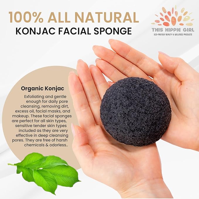 This Hippie Girl | Konjac Exfoliating Organic Facial Sponge | Plant Based Gentle Exfoliating Face Scrubbie | Acne Control Sponge | Charcoal Black (Black)