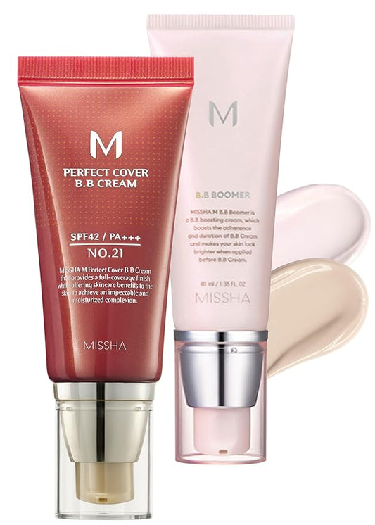 MISSHA BB ESSENTIALS KIT M PERFECT COVER BB CREAM No.21 Light Beige - Light with Cool Undertone/SPF 42 PA+++ 1.69 oz & M BB Boomer 1.35 oz -Lightweight, Multi-Function, High Coverage