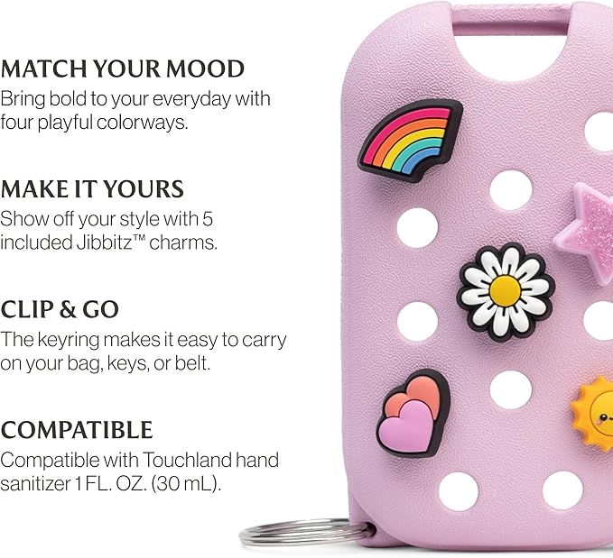 Touchland x Crocs Limited Edition Mist Case 1 Fl. OZ., Stylish Hand Sanitizer Spray Accessory, with 5 Jibbitz Charms and Keyring, Sugarpop Pink Color