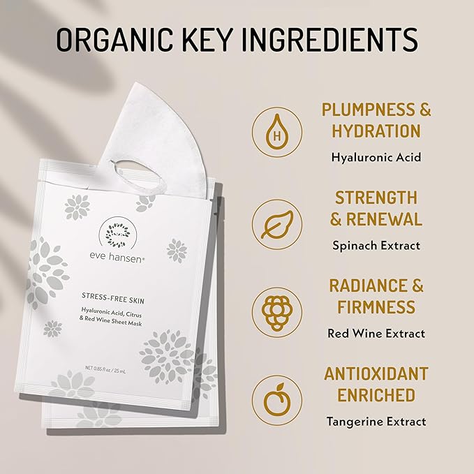 Eve Hansen Collagen Face Mask Sheets Set of 5 β Hydrating & Nourishing Care for All Skin Types β With Hyaluronic Acid, Tangerine Peel, Blueberry Extract & Spinach Leaf