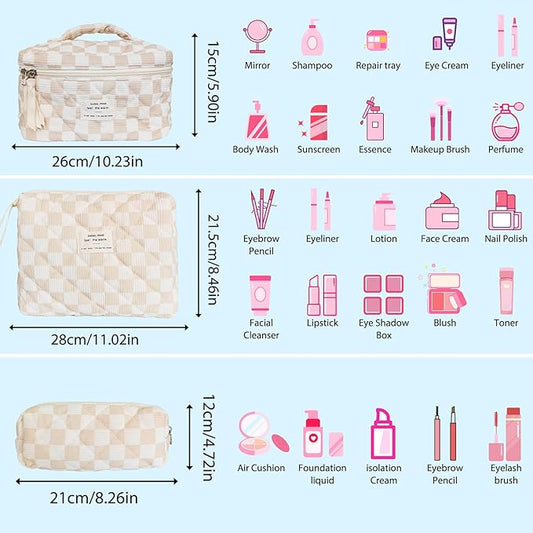 3 Piece Brown Checkered Corduroy Quilted Makeup Bag Set, Large Capacity Travel Makeup Bags for Women and Girls, Includes Small, Medium, and Large aesthetic makeup&Cosmetic Bags (3pcs-BrownCheckered)