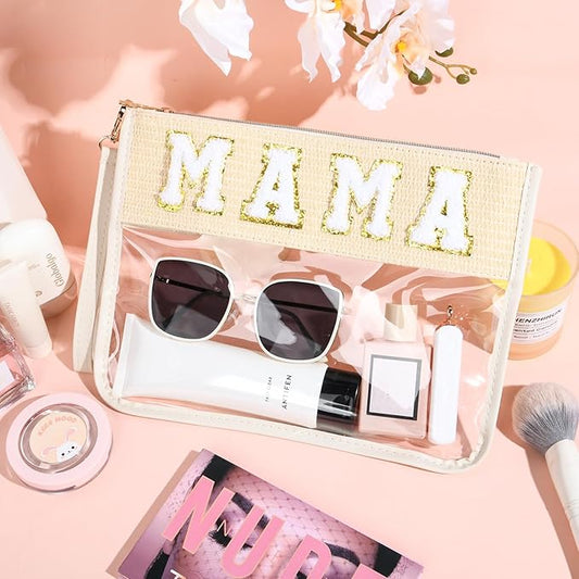 Mama Bag Mother Gifts Mama Chenille Letter Clear Makeup Bag Pouch Clear Zipper Pouch with Wristlet Travel Cosmetic Bag Graduation Retirement Mama Gifts for Women