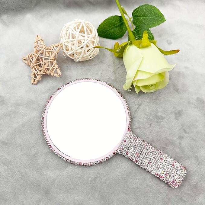 LOPURO Sparkling Rhinestone Round Shaped Handheld Mirror, Rhinestone Handheld Round Mirror Bling Glitter Cute Cosmetic Hand Mirror with Handle Portable Makeup Mirror for Women Travel