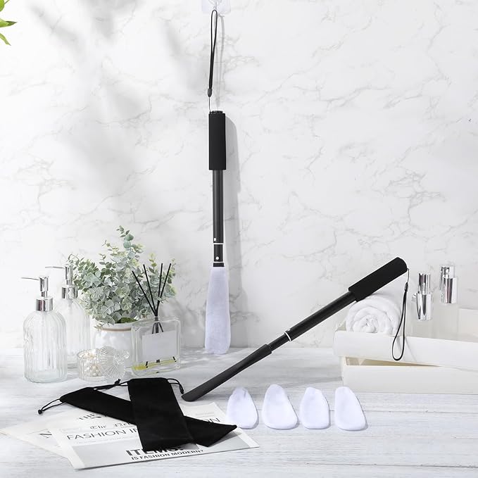 Sunnyray 2 Set Toe Cleaning Brush with Reusable Drying Covers Foot Cleaner with Telescopic Aluminum Alloy 12-24 Inch Long Handled Toe Lotion Applicator for Seniors Elderly Disabled Men and Women