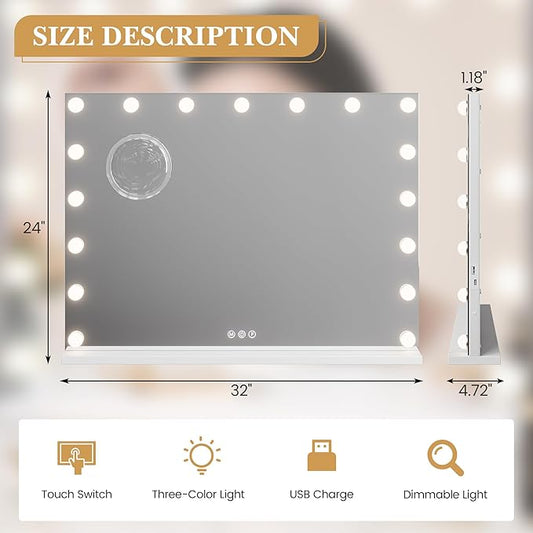 Makeup Mirror with Lights, Multifunctional Desktop Vanity Mirror with 17 Dimmable LED Lights and 3 Lighting Modes, 3x Magnification, Smart Touch Controls, Desktop or Wall Mount, Dressing Room/Bedroom
