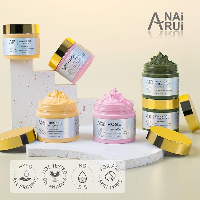 ANAI RUI 3 Pack Pore Purity Cleansing Clay Mask Set Absorbs Excess Oil,Turmeric Vitamin C Clay Mask -Rose Facial Mask -Avocado Green Tea Mud Mask,Facial Mask Skincare for Deep Cleansing 2.5 oz each