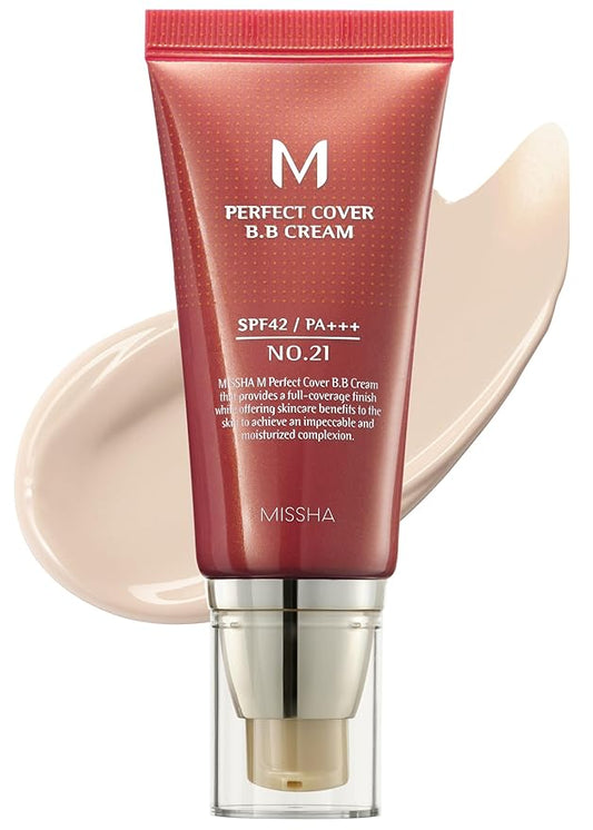 MISSHA M Perfect Cover BB Cream No.21 Light Beige - Light with Cool Undertone SPF 42 PA +++1.69 Fl Oz - Tinted Moisturizer with SPF