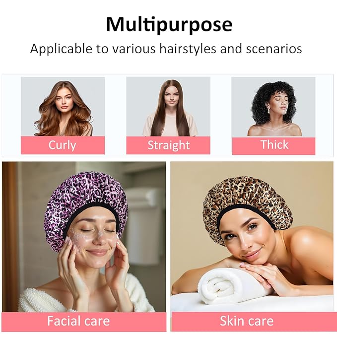 2-Pack Reusable Waterproof Shower Caps for Women, Double-Layer Elastic Bath hat,Extra Large Hair Cap for Long Curly HairοΌLeopardοΌ