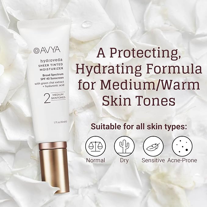 AVYA SPF 40 Sheer Tinted Moisturizer with Hyaluronic Acid & Green Chai β Advanced Ayurvedic Skincare Treatment for Balanced and Brighter Skin/Medium Skintones Shade #2 (1.7oz/50ml)