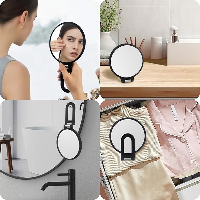 1X/15X Magnifying Folding Makeup Mirror, Black Double Side Handheld Mirror, Tabletop Vanity Mirror with Stand for Precision Makeup