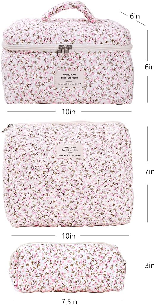 3PCS Makeup Bag Large Cosmetic Pouch Bag with Handle Cute Floral Small Makeup Bag for Purse, Quilted Cotton Skincare Storage Bag Travel Makeup Bag Set for Women, Bridesmaids, Gifts, Pink
