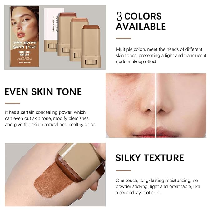2Pcs Foundation Stick Beauty Balm Serum Boosted Skin Tint, Solid Tinted Moisturizing Serum Contour Stick Foundation Face, Beauty Balm Boosted Tint for Women (#3)