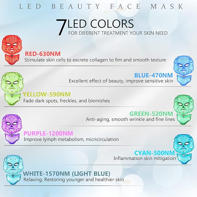 LED Face MΓ’sk Light Therapy | 7 Color Skin Rejuvenation Therapy LED Photon MΓ’sk Light Facial Skin Care Anti Aging Skin Tightening Wrinkles Toning MΓ’sk (For face & neck). (White)