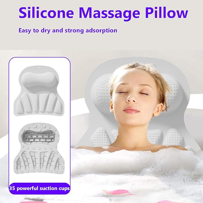 Bath Silicone Pillow Luxury Bathtub Pillow with Non-Slip Suction Cup (White)