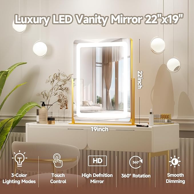 PRIMETEK Vanity Mirror with Lights, 19"x22" Large Makeup Mirror with Lights, LED Lighted Makeup Mirror, Touch Screen with 3-Color Lighting, Dimmable for Vanity Desk Tabletop, Bedroom, Gold