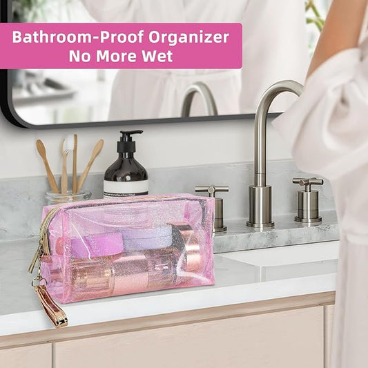 Clear Colorful Makeup Bag, Thick PVC Small Clear Toiletry Bag for Travel, Waterproof Cosmetic Bag with Durable Zipper & Detachable Strap, Cute Transparent Pouch Organizer for Women, 7.1×4×3 In Pink