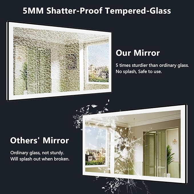 60x38 Inch LED Bathroom Mirror with Lights (Front Lit and Backlit) Black Framed Lighted Vanity Mirror for Bathroom Wall Dimmable Anti-Fog Memory Tempered Glass Horizontal/Vertical