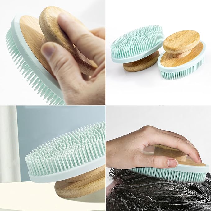 SHIDOW Grade Soft Silicone Body Scrubber Shower Brush, Non-Slip Bamboo Handle Silicone Loofah, Body Scrubber with Soft and Stiff Bristles, Suitable for All Kinds of Skin (1PC Light Blue + 1PC Pink