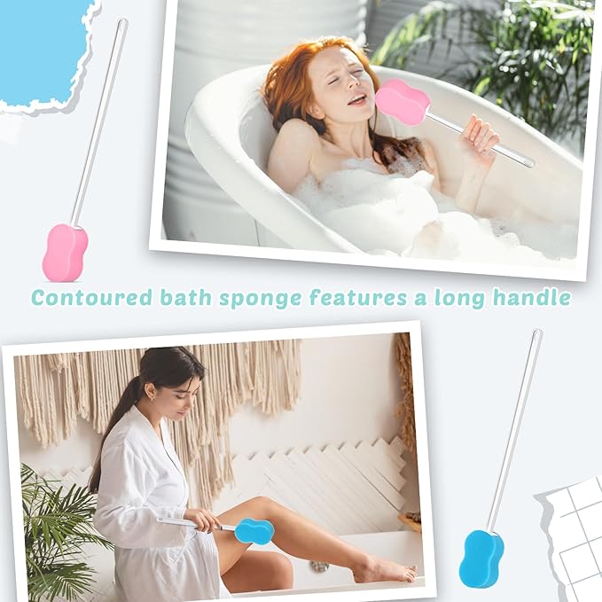 3 Pieces Long Handle Sponge 22.4'' Back Sponge on a Stick Body Brush Handled Washer Scrubber for Foot Body Limited Motion (Pink, Blue, Yellow)