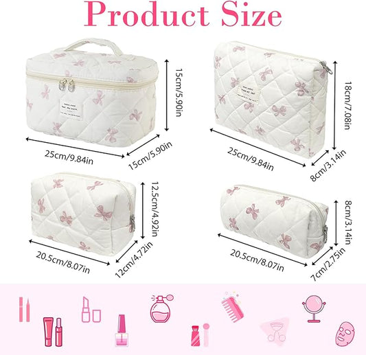 4 Piece Cute Pink Bow Quilted Makeup Bag Set, Large Capacity Travel Makeup Bags for Women and Girls, Includes Small, Small-MediumοΌMedium, and Large aesthetic makeup&Cosmetic Bags (4PCS-Pink Bow)